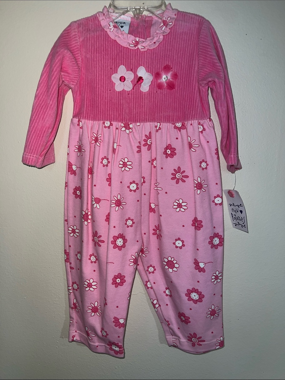 Vintage Girls Pink Floral Long-Sleeve Pajama Romper 12M